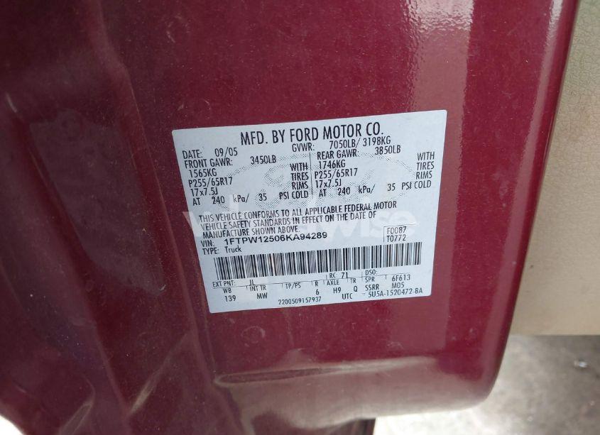 Photo 9 of 2006 Ford F-150 LARIAT/XLT (VIN 1FTPW12506KA94289)