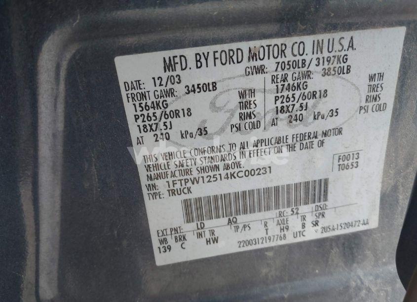 Photo 9 of 2004 Ford F-150 LARIAT/XLT (VIN 1FTPW12514KC00231)