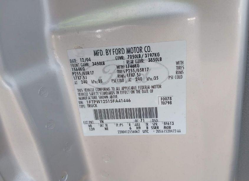 Photo 9 of 2005 Ford F-150 LARIAT/XLT (VIN 1FTPW12515FA41446)