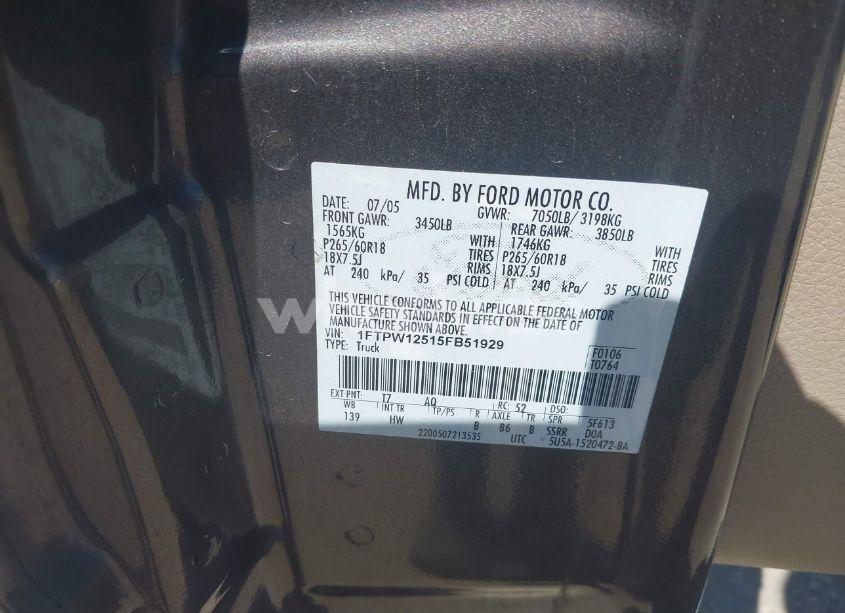 Photo 9 of 2005 Ford F-150 LARIAT/XLT (VIN 1FTPW12515FB51929)