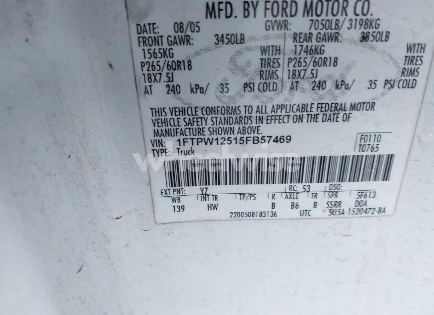 Photo 9 of 2005 Ford F-150 LARIAT/XLT (VIN 1FTPW12515FB57469)