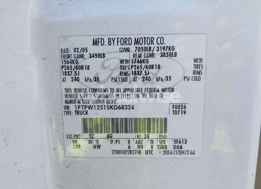 Photo 9 of 2005 Ford F-150 LARIAT/XLT (VIN 1FTPW12515KD68324)