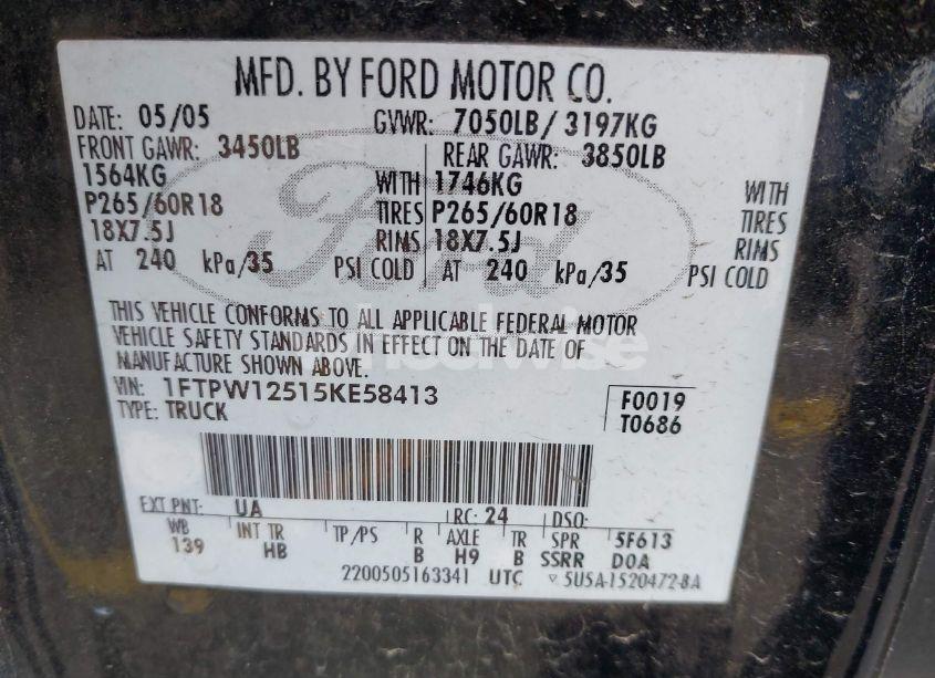Photo 9 of 2005 Ford F-150 LARIAT/XLT (VIN 1FTPW12515KE58413)