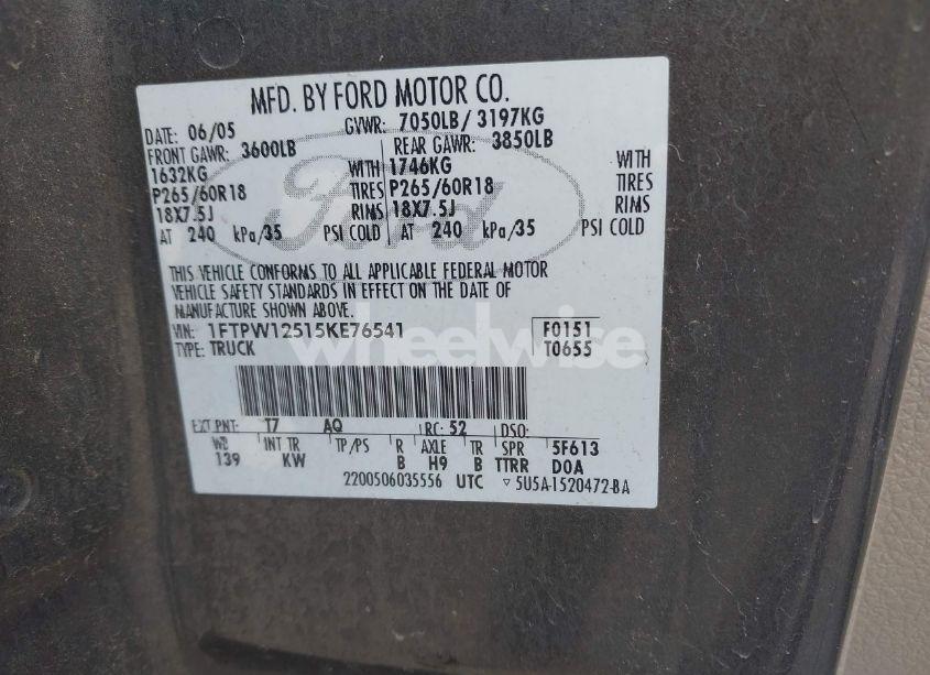 Photo 9 of 2005 Ford F-150 LARIAT/XLT (VIN 1FTPW12515KE76541)