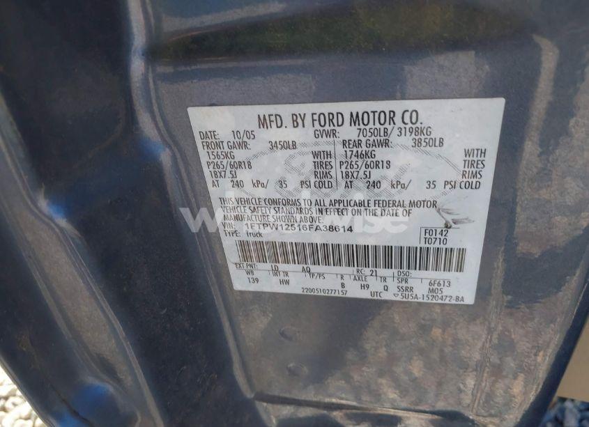 Photo 9 of 2006 Ford F-150 LARIAT/XLT (VIN 1FTPW12516FA38614)