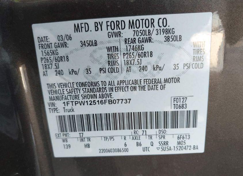 Photo 9 of 2006 Ford F-150 LARIAT/XLT (VIN 1FTPW12516FB07737)