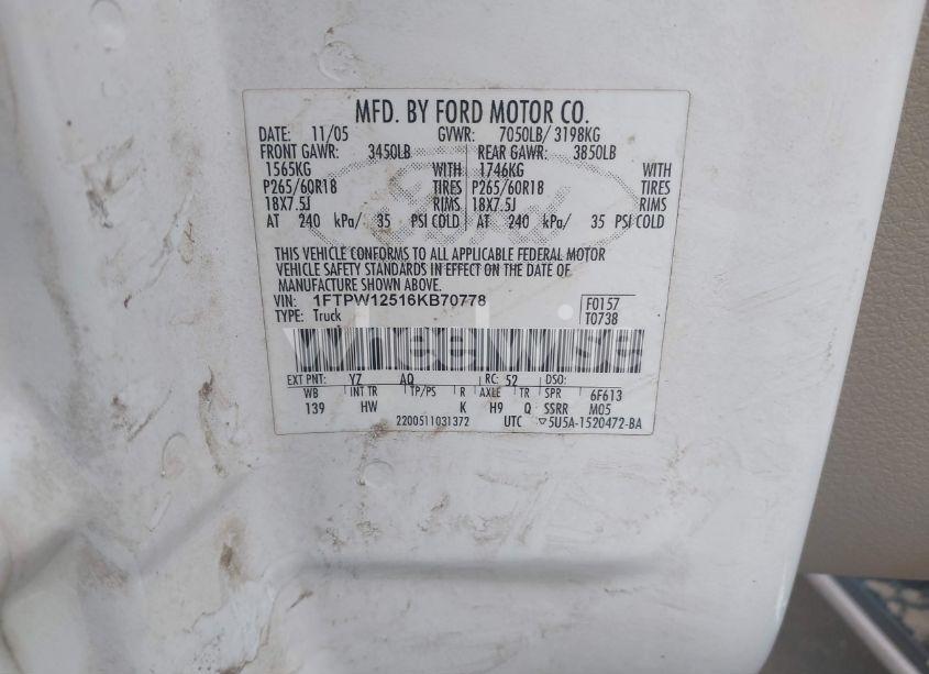 Photo 9 of 2006 Ford F-150 LARIAT/XLT (VIN 1FTPW12516KB70778)