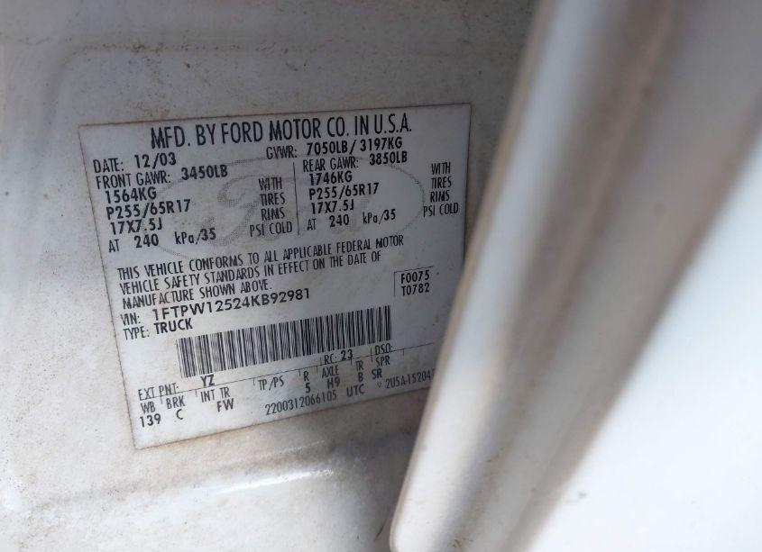 Photo 9 of 2004 Ford F-150 LARIAT/XLT (VIN 1FTPW12524KB92981)