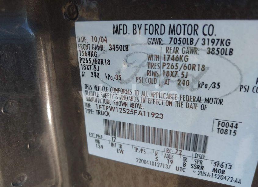 Photo 9 of 2005 Ford F-150 LARIAT/XLT (VIN 1FTPW12525FA11923)