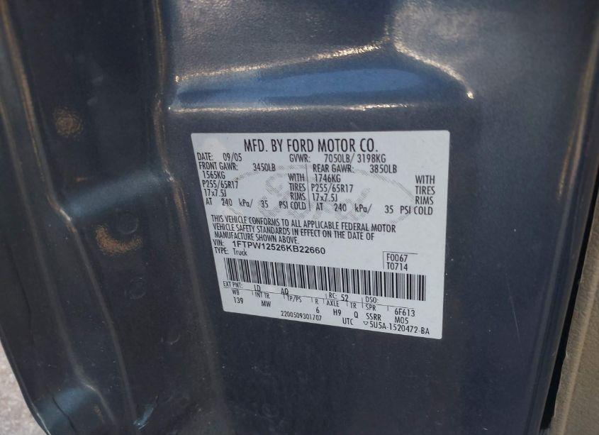 Photo 9 of 2006 Ford F-150 LARIAT/XLT (VIN 1FTPW12526KB22660)