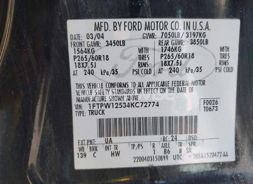 Photo 9 of 2004 Ford F-150 LARIAT/XLT (VIN 1FTPW12534KC72774)