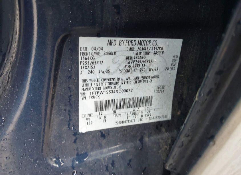 Photo 9 of 2004 Ford F-150 LARIAT/XLT (VIN 1FTPW12534KD00072)