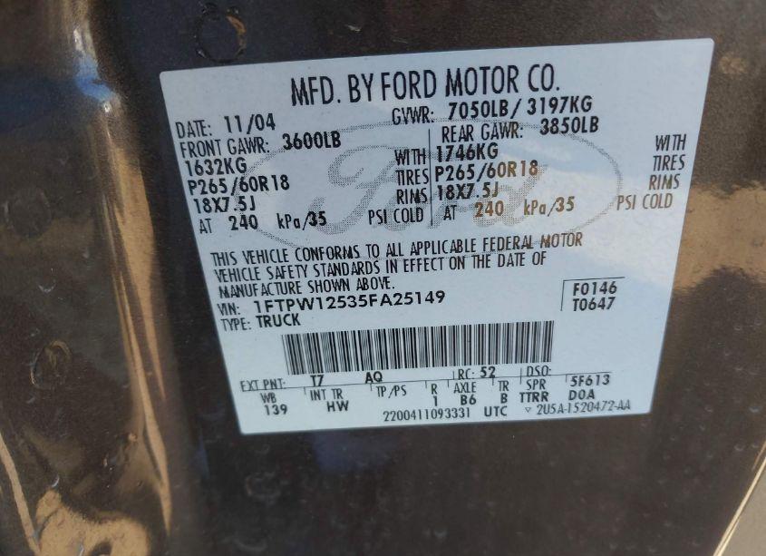 Photo 9 of 2005 Ford F-150 LARIAT/XLT (VIN 1FTPW12535FA25149)