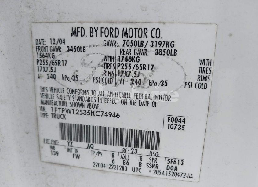 Photo 9 of 2005 Ford F-150 LARIAT/XLT (VIN 1FTPW12535KC74946)