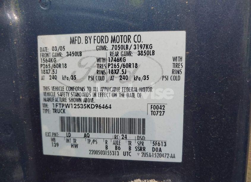 Photo 9 of 2005 Ford F-150 LARIAT/XLT (VIN 1FTPW12535KD96464)