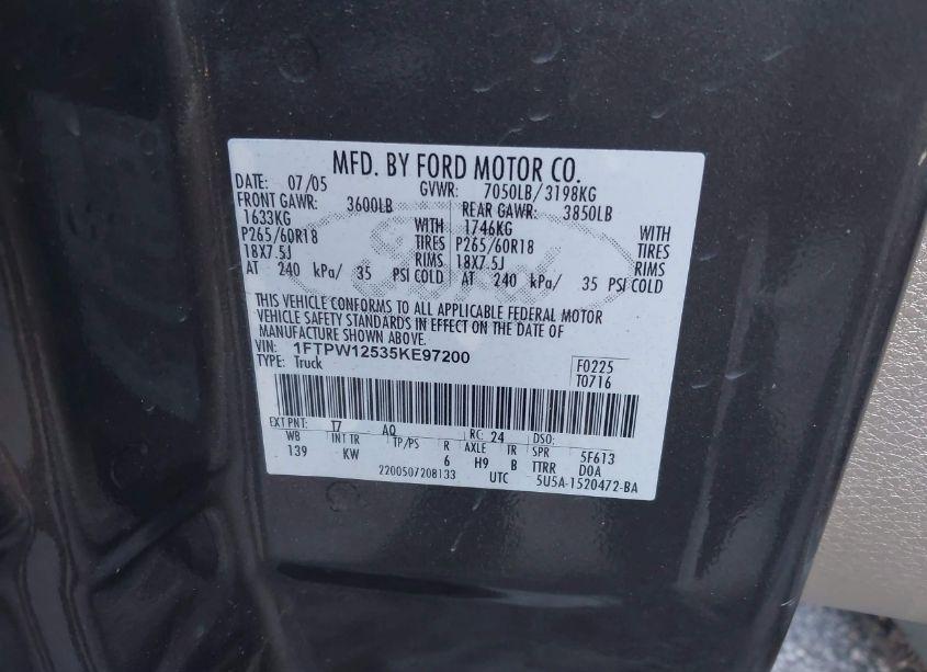 Photo 9 of 2005 Ford F-150 LARIAT/XLT (VIN 1FTPW12535KE97200)