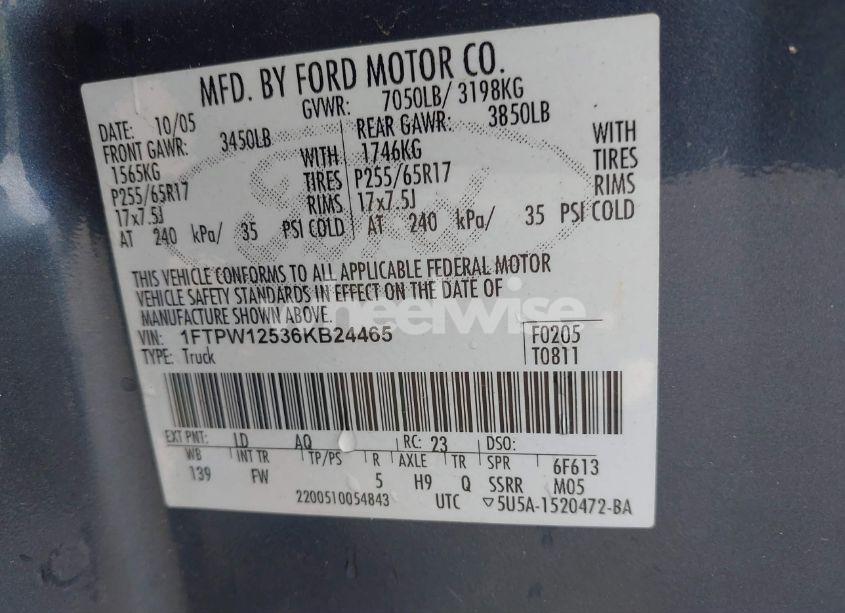 Photo 9 of 2006 Ford F-150 LARIAT/XLT (VIN 1FTPW12536KB24465)