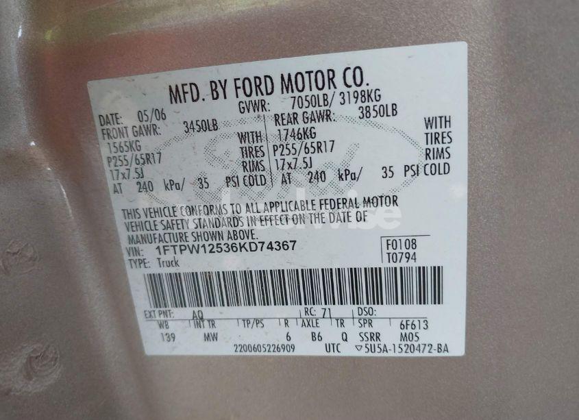 Photo 8 of 2006 Ford F-150 LARIAT/XLT (VIN 1FTPW12536KD74367)