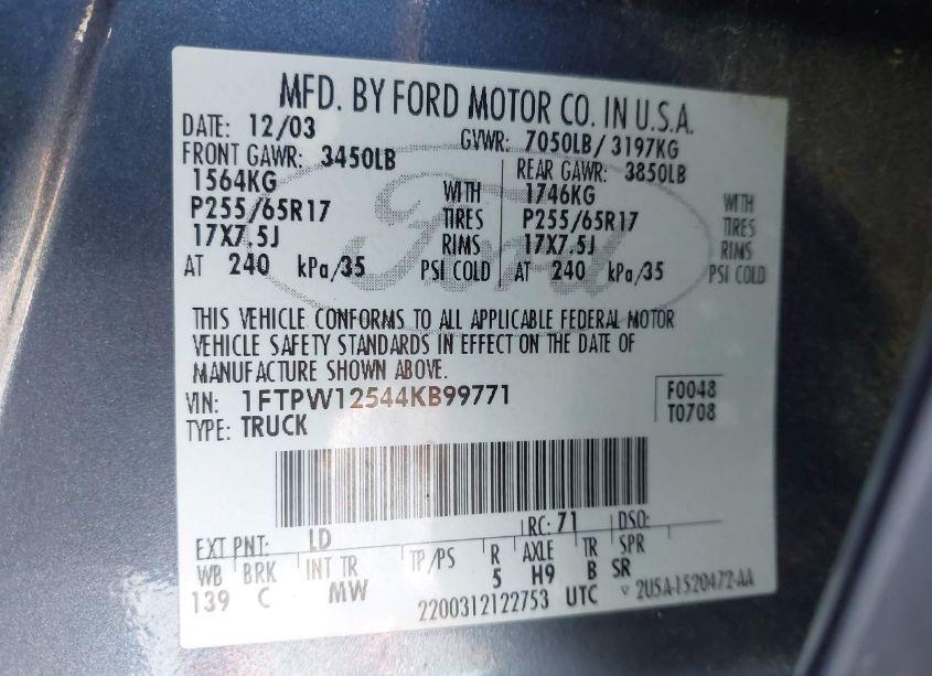 Photo 9 of 2004 Ford F-150 LARIAT/XLT (VIN 1FTPW12544KB99771)