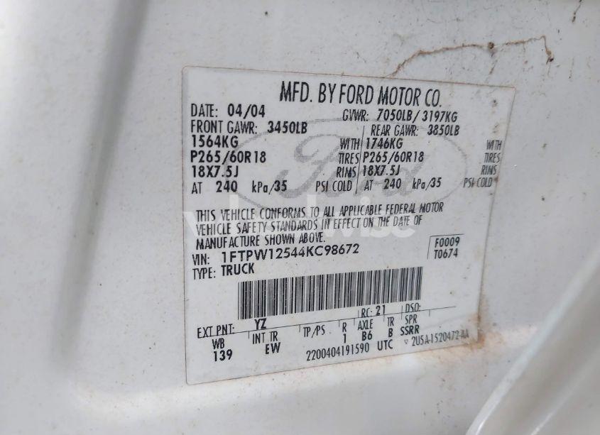 Photo 9 of 2004 Ford F-150 LARIAT/XLT (VIN 1FTPW12544KC98672)