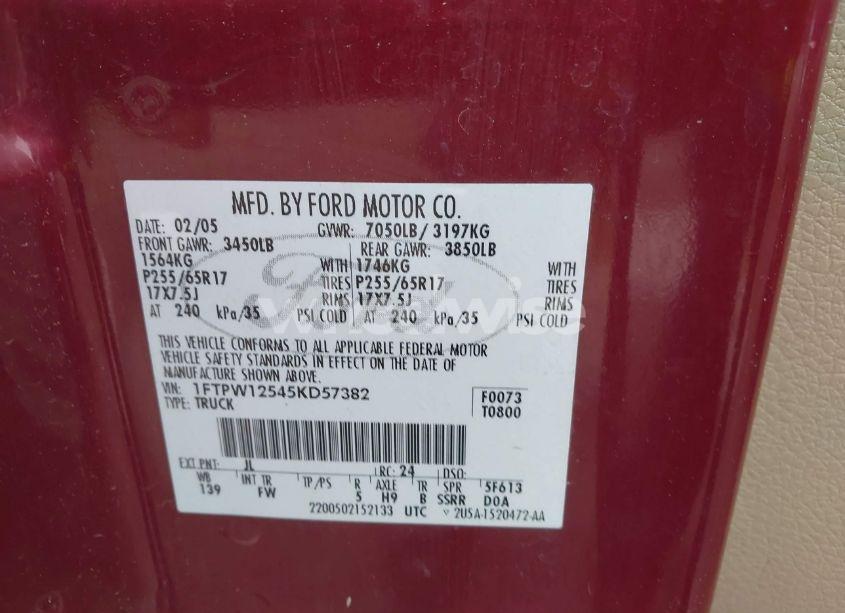 Photo 9 of 2005 Ford F-150 LARIAT/XLT (VIN 1FTPW12545KD57382)