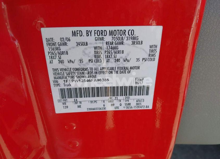 Photo 9 of 2006 Ford F-150 LARIAT/XLT (VIN 1FTPW12546FA98385)