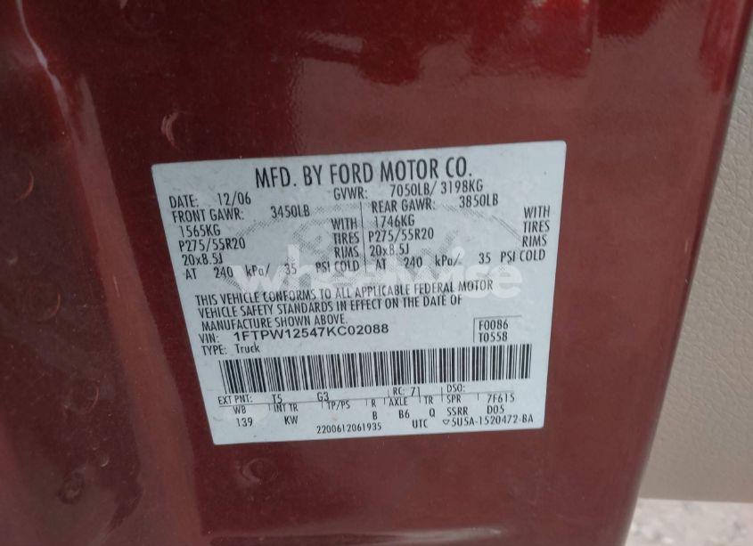 Photo 9 of 2007 Ford F-150 LARIAT/XLT (VIN 1FTPW12547KC02088)