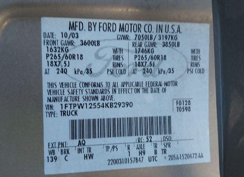 Photo 9 of 2004 Ford F-150 LARIAT/XLT (VIN 1FTPW12554KB29390)