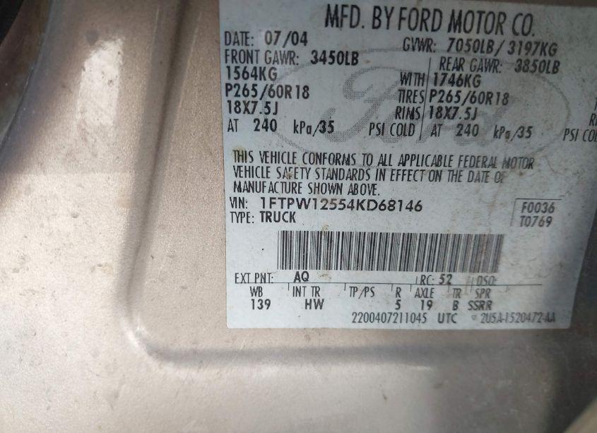 Photo 9 of 2004 Ford F-150 LARIAT/XLT (VIN 1FTPW12554KD68146)