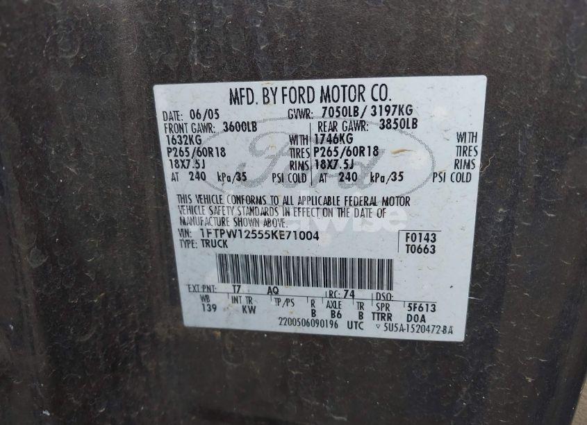 Photo 9 of 2005 Ford F-150 LARIAT/XLT (VIN 1FTPW12555KE71004)