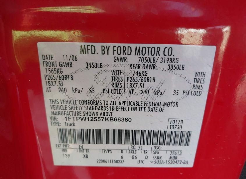 Photo 9 of 2007 Ford F-150 LARIAT/XLT (VIN 1FTPW12557KB66380)