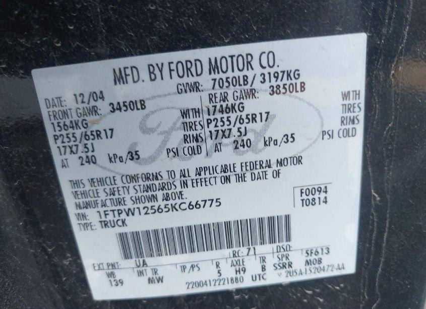 Photo 9 of 2005 Ford F-150 LARIAT/XLT (VIN 1FTPW12565KC66775)