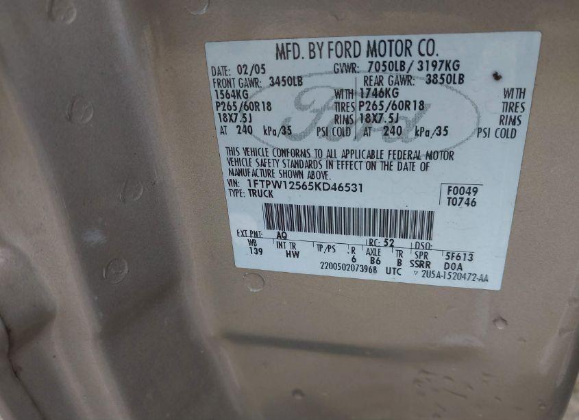 Photo 9 of 2005 Ford F-150 LARIAT/XLT (VIN 1FTPW12565KD46531)