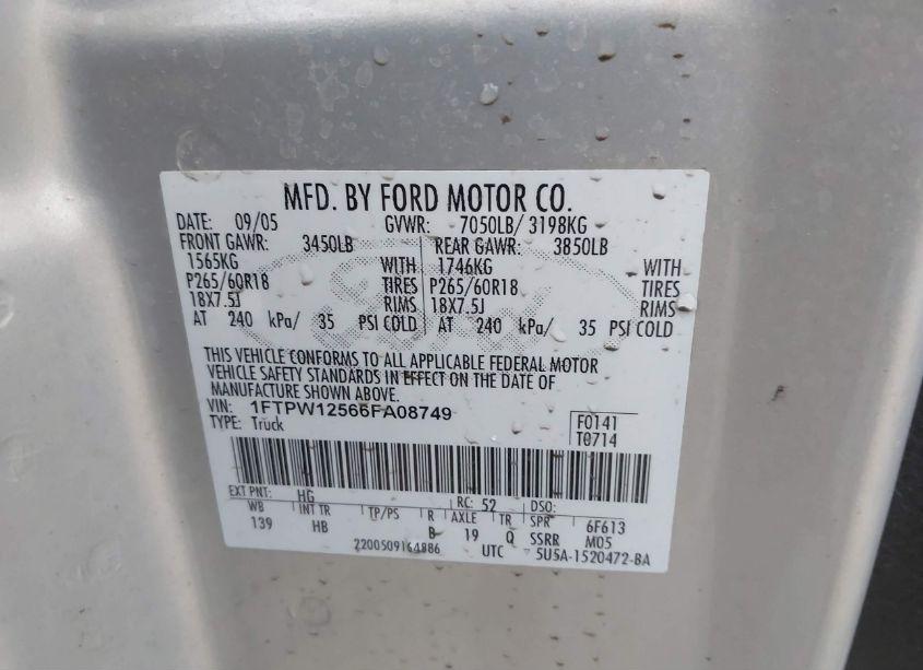 Photo 9 of 2006 Ford F-150 LARIAT/XLT (VIN 1FTPW12566FA08749)