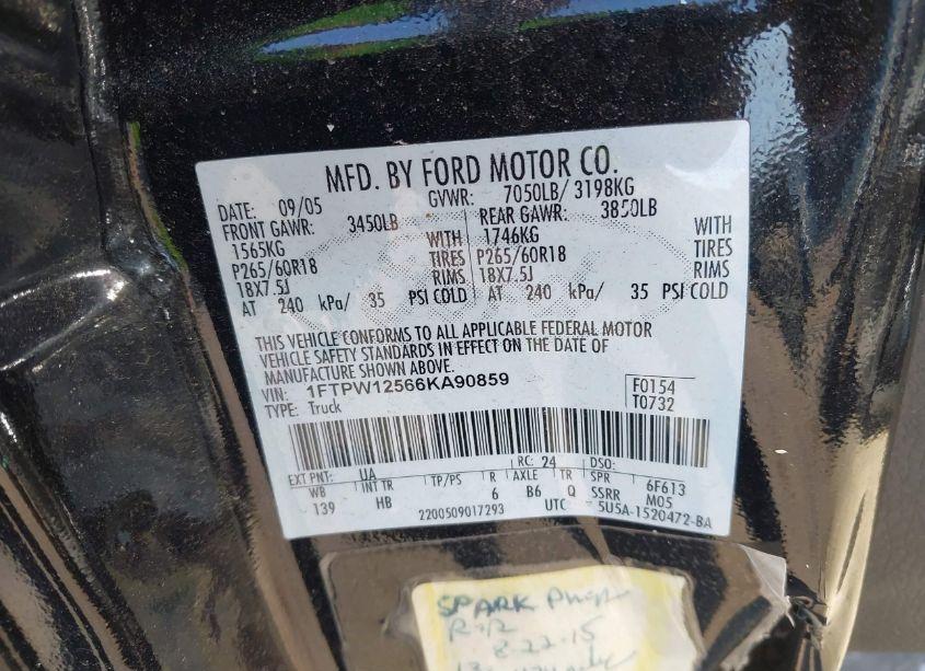 Photo 9 of 2006 Ford F-150 LARIAT/XLT (VIN 1FTPW12566KA90859)