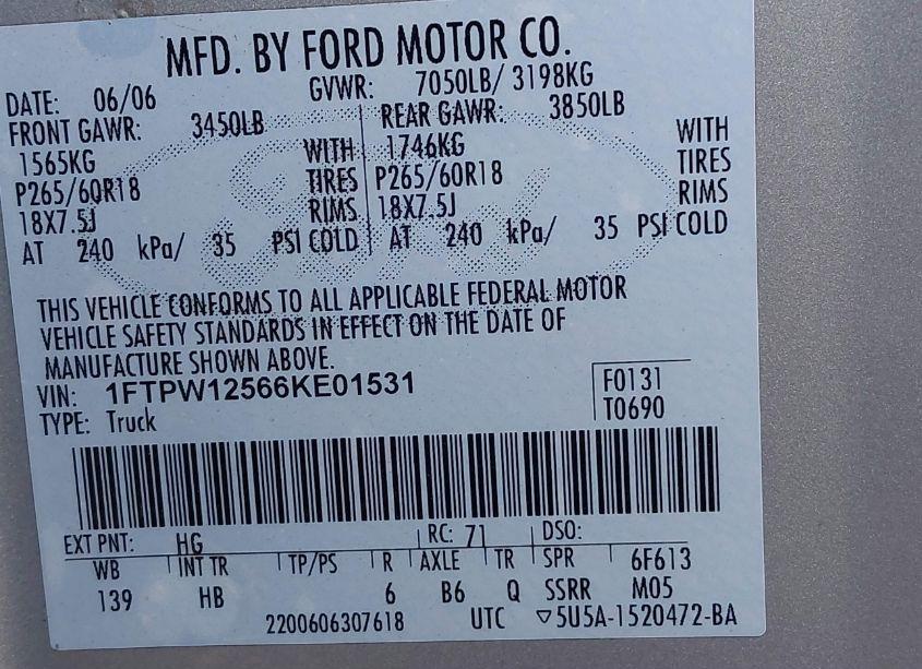 Photo 9 of 2006 Ford F150 SUPERCREW (VIN 1FTPW12566KE01531)