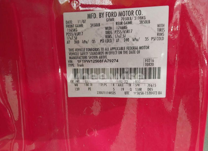 Photo 9 of 2008 Ford F-150 60TH ANNIVERSARY/FX2/KING RANCH/LARIAT/LIMITED/XLT (VIN 1FTPW12568FA79274)