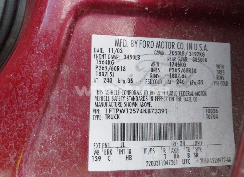 Photo 9 of 2004 Ford F-150 LARIAT/XLT (VIN 1FTPW12574KB73391)