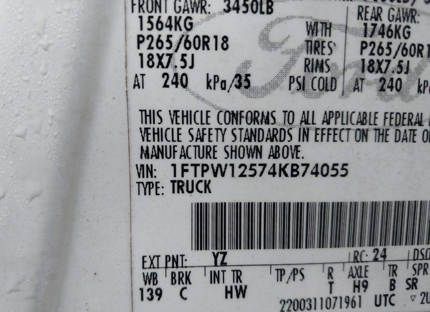 Photo 9 of 2004 Ford F-150 LARIAT/XLT (VIN 1FTPW12574KB74055)