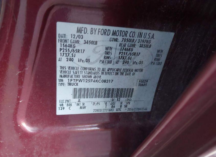 Photo 9 of 2004 Ford F-150 LARIAT/XLT (VIN 1FTPW12574KC08317)