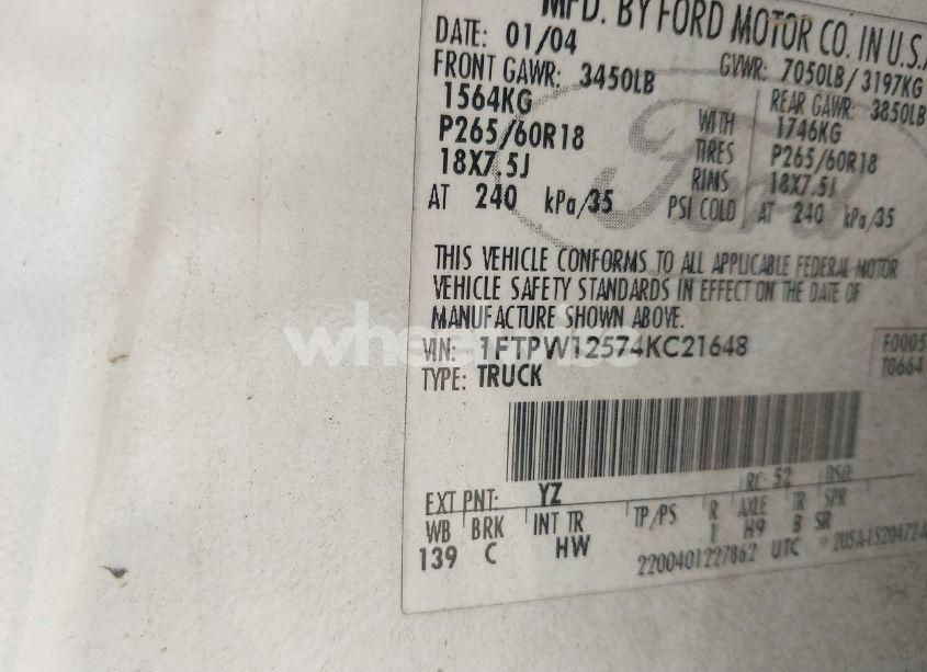 Photo 9 of 2004 Ford F-150 LARIAT/XLT (VIN 1FTPW12574KC21648)