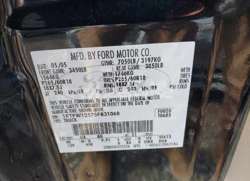 Photo 9 of 2005 Ford F-150 LARIAT/XLT (VIN 1FTPW12575FB31068)