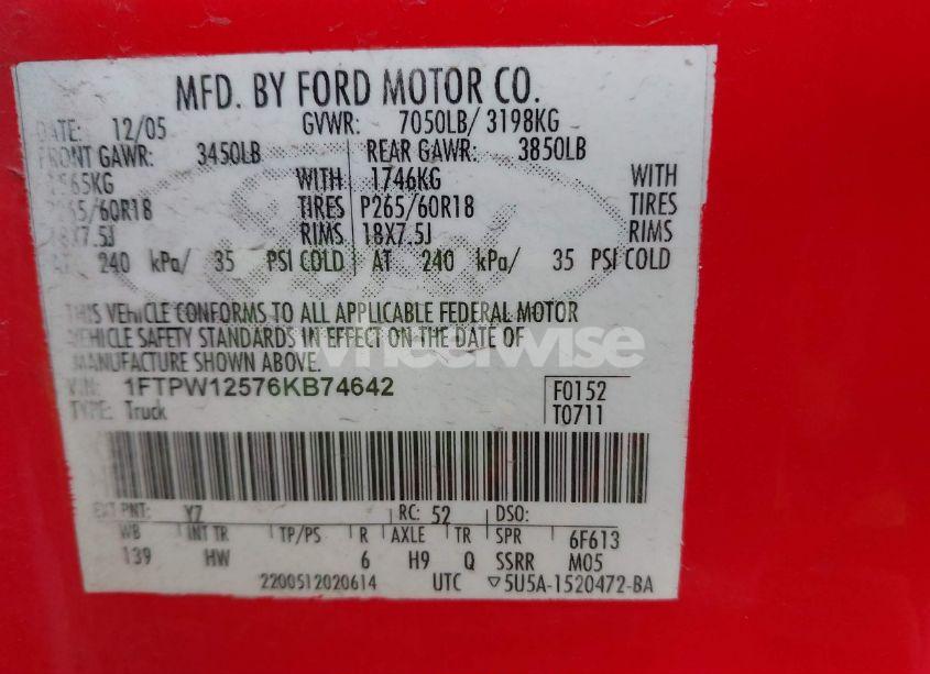 Photo 9 of 2006 Ford F-150 LARIAT/XLT (VIN 1FTPW12576KB74642)