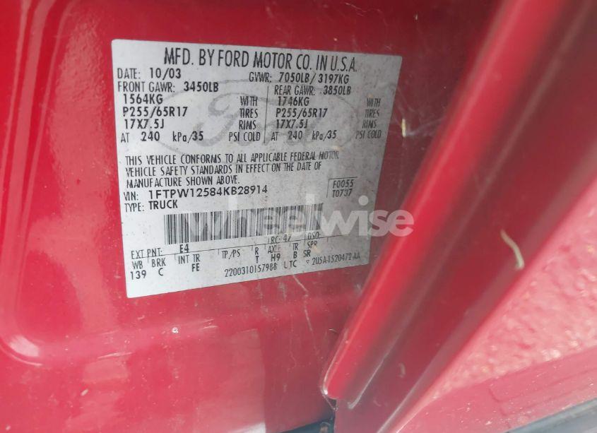 Photo 9 of 2004 Ford F-150 LARIAT/XLT (VIN 1FTPW12584KB28914)