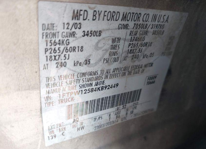 Photo 9 of 2004 Ford F-150 LARIAT/XLT (VIN 1FTPW12584KB92449)