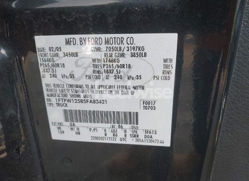 Photo 9 of 2005 Ford F-150 LARIAT/XLT (VIN 1FTPW12585FA83421)