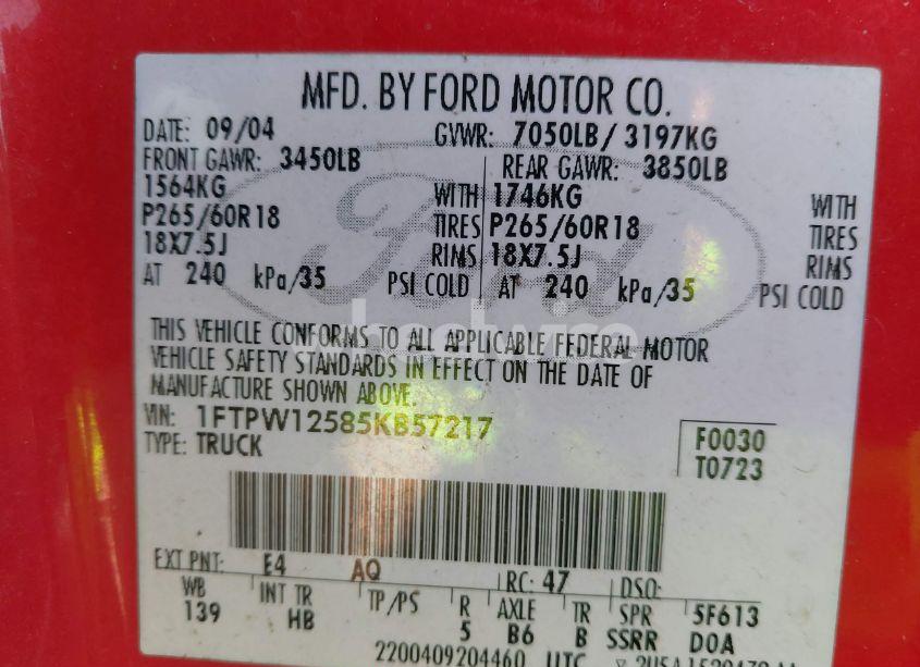 Photo 9 of 2005 Ford F-150 LARIAT/XLT (VIN 1FTPW12585KB57217)