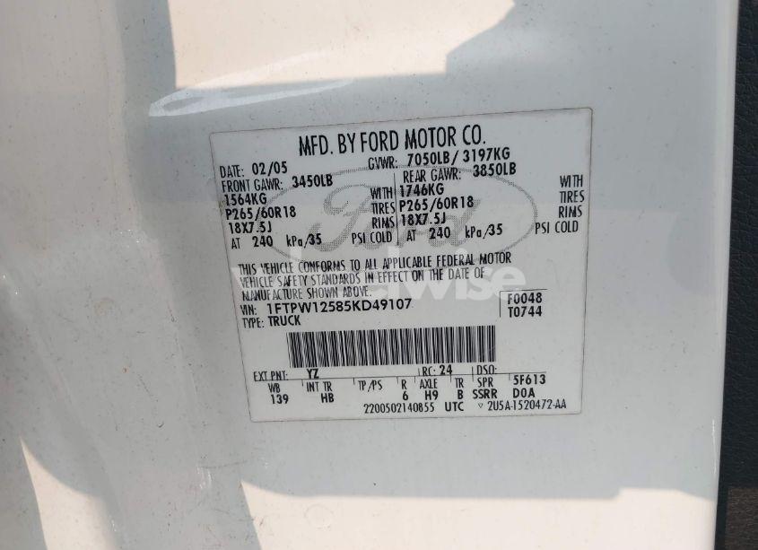 Photo 9 of 2005 Ford F-150 LARIAT/XLT (VIN 1FTPW12585KD49107)