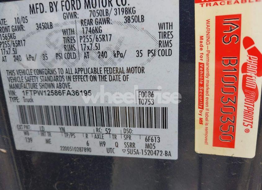 Photo 9 of 2006 Ford F-150 LARIAT/XLT (VIN 1FTPW12586FA36195)