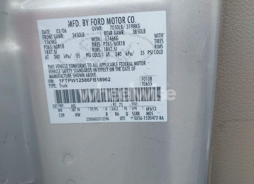 Photo 9 of 2006 Ford F-150 LARIAT/XLT (VIN 1FTPW12586FB18962)